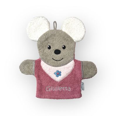 Spiel-Waschhandschuh mit Name, Mabel, Maus, rosa, Geschenk für Kinder