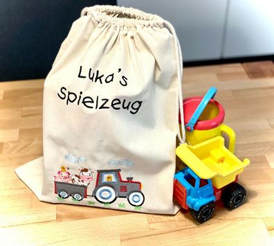 Spielzeug Wechselkleidung Beutel mit Name Kindergartentasche Traktor LKW Beton