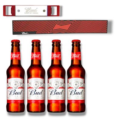 4 x Bud King of Bier + Original Bud Bier Barmatte + Flaschenöffner 4 x0,3l