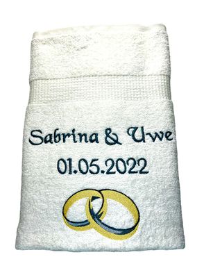Hochzeits-Handtuch mit Namen, Datum und Eheringen, Sauna, Wellness, Duschtuch,