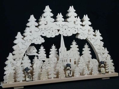 Schwibbogen mit Kirche Schneemänner und Beleuchtung BxHxT 70x45x7cm NEU