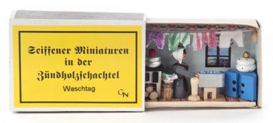 Zündholzschachtel Waschtag BxH 55x40mm NEU Miniatur Weihnachtsfigur Holzfigur