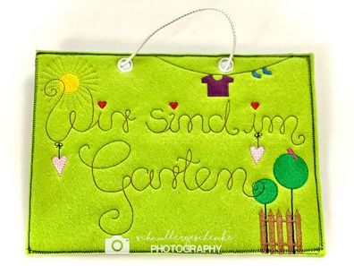 Schild "Wir sind im Garten" aus Filzstoff, bestickt, Sommer, Sonne, Garten