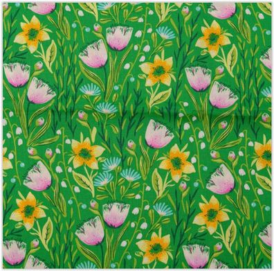 Baumwolldruck "Osterblumen", grün-bunt , 140 cm breit, Meterware, ab 0,5 m