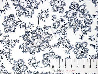 Baumwolldruck Blumen, weiß-dunkelblau, 150 cm breit, Mw., Preis pro 0,5 lfdm