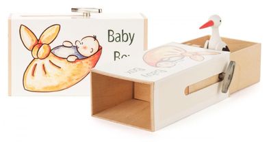 Miniatur Schiebebox Baby-Box\" mit Storch\" H: 6cm NEU Musikbox Spieluhr