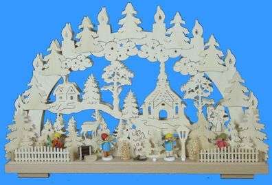 Schwibbogen mit Winterfiguren Kirche und Beleuchtung BxHxT 50x33x7cm NEU Lichterb