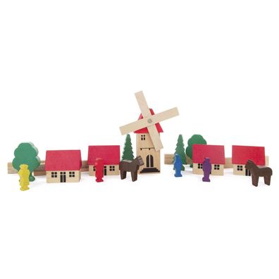 Holzspielzeug Spielzeugdorf mit Windmühle bunt Höhe ca. 10cm NEU Spielbrett Mo