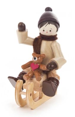 Miniatur Winterkind mit Teddy auf Schlitten H: 5,7cm NEU Holzfigur Holzminiatur