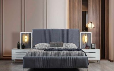 Modernes Graues Doppelbett 2x Holz Nachttische Schlafzimmer Garnitur