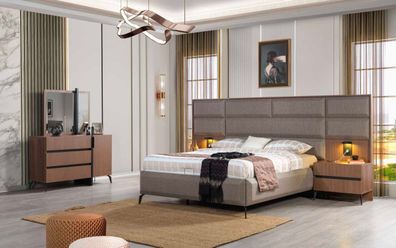 Grau-Braunes Doppelbett Exklusive Schlafzimmer Kommode Spiegel 5tlg Set