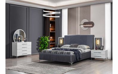 Stilvolle Schlafzimmer Garnitur Graues Doppelbett Holz Nachttische 5tlg