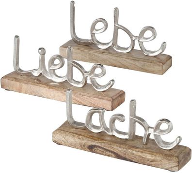 Boltze Schriftzug Lebe Liebe Lache Dekoaufsteller Tischdecko 3er Set Aluminium