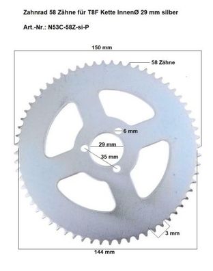 Kettenrad Ritzel 58 Zähne T8F Kette Antriebsrad Crossbike Enduro Motocross Quad