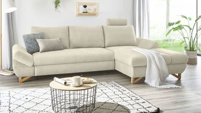 Ecksofa in beige Wohnzimmer Sofa Skalm Couch mit Recamiere rechts und Kopfstütze