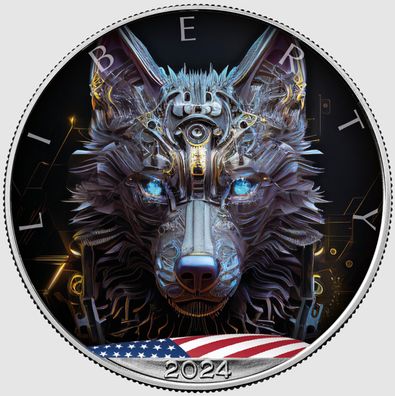 Silbermünze USA Silver Eagle KI Cyber Wolf (6.) 2024 1 oz Farbe Stempelglanz