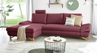 Ecksofa Skalm Wohnzimmer Sofa in bordeaux Couch mit Recamiere links und Kopfstütze