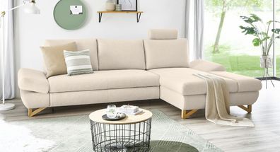 Sofa in creme Wohnzimmer Couch mit Recamiere rechts und Kopfstütze Ecksofa Skalm