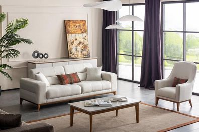 Weiße Exklusive Wohnzimmer Textil Garnitur 3-Sitzer Luxus Sessel 2tlg