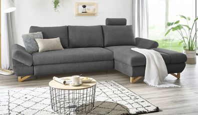Sofa in grau Wohnzimmer Ecksofa mit Recamiere rechts und Kopfstütze Couch Skalm