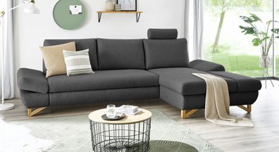 Sofa Wohnzimmer Couch mit Recamiere rechts und Kopfstütze Ecksofa Skalm in grau