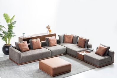 Designer Graue L-Form Couch Wohnzimmer Eck Wohnlandschaft Hocker 2tlg