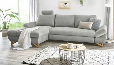 Sofa in hellgrau Wohnzimmer Ecksofa mit Recamiere links und Kopfstütze Couch Skalm