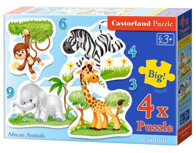 Castorland B-005017 African Animals,4x Puzzle 3 + 4 + 6 + 9 Teile