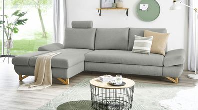 Sofa in hellgrau Wohnzimmer Ecksofa mit Recamiere links und Kopfstütze Couch Skalm