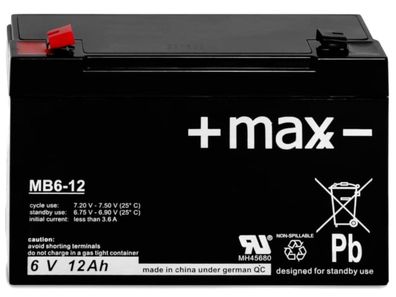 Bleiakku Maxx Batterien MB6-12 6V 12Ah AGM Blei Vlies Accu Battery wartungsfrei