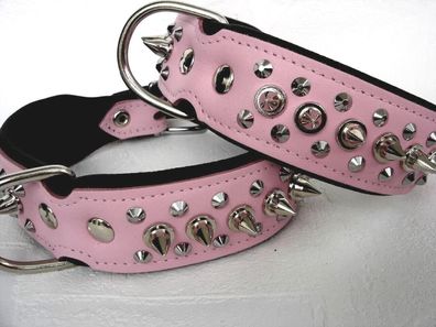 Hunde Halsband - Halsumfang 33-41cm/40mm, Echt LEDER + Stacheln * Hell Rosa* -14