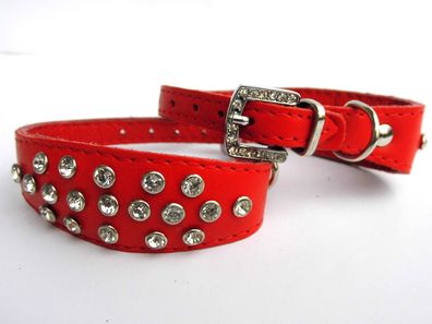 Hunde Halsband - Halsumfang 18-23cm/25mm, LEDER + Kristallen, Neu (PL.5-02-4-92-14)