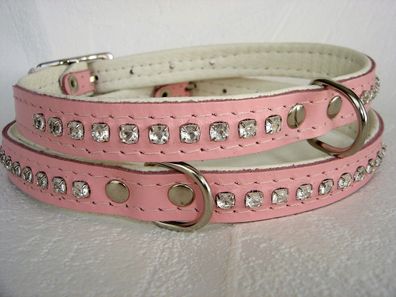 Hundehalsband - Halsband, Halsumfang 29-36 cm, LEDER + Strass+ ROSA (237)