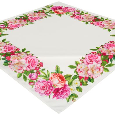 Tischdecke 85x85 Pfingstrosen Decke Mitteldecke Weiß Pink Tischdekoration Sommer