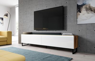 FURNIX TV Kommode BARGO 180 mit LED-Beleuchtung & Metallfüße Wotan-Weiß glänzend