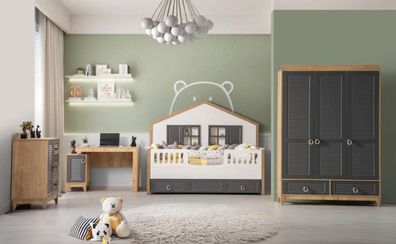 luxuriös Komplette Kindermöbel Bett Holz Set 4tlg Kinderzimmer Grau
