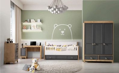 Luxuriös Kindermöbel Garnitur Kinderzimmer Kinderbett Grau Holz Set 4tlg