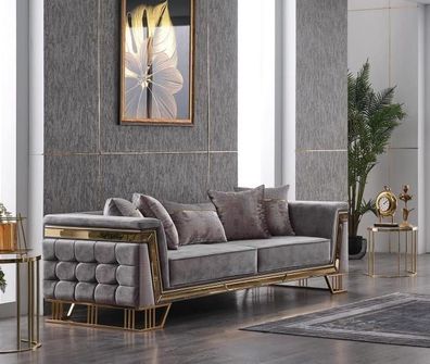 Grauer Dreisitzer Luxus Wohnzimmercouch Designer Textil Sofa Sitzmöbel