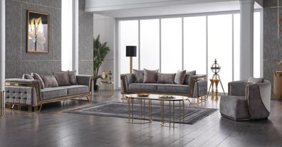 Luxus Graue Sofagarnitur Dreisitzer mit Sessel Modernes Set Couchen Sofa
