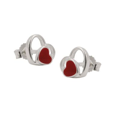 Ohrstecker Ohrring 8mm Kinderohrring Herz rot lackiert im Herz glänzend Silber 925