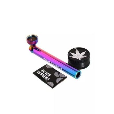 Rainbow Metallpfeife mit Grinder und Siebe im Set Tabakpfeife Rauchpfeife Pipe