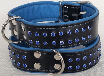 Halsband - Hundehalsband, Halsumfang 40-50cm/45mm, LEDER Kristallen Schwarz/ Blau