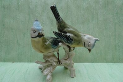 alte Porzellan Figur Tier Vogel Marke unleserlich nr 11728 2 Vögel auf Baumstamm
