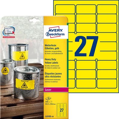 Avery Zweckform® L6105-20 L6105-20 Folienetiketten 635 x 296 mm gelb 540 Etiketten...