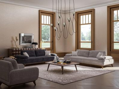 Wohnzimmer Set Grau Sofa Zweisitzer mit Dreisitzer Textil Design Couchtisch