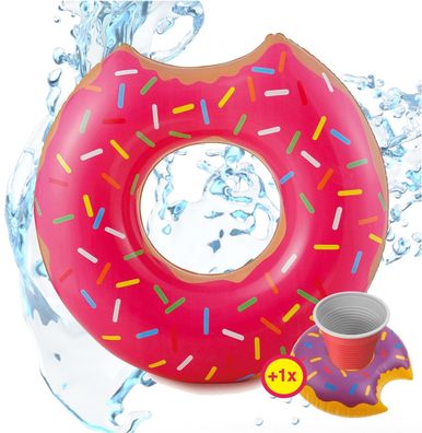 SwimAlot® Donut Schwimmring Ø 120 inkl. Getränkehalter angebissener Schwimmreif pink