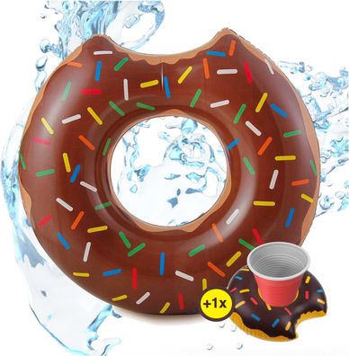 SwimAlot® Donut Schwimmring Ø 120 inkl. Getränkehalter angebissener Schwimmreif braun