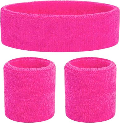 Kostümheld® 3 in 1 Schweißband pink Set mit Stirnband - Accessoire Retro Kostüm