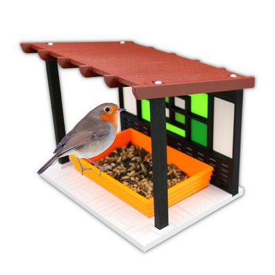 Vogelfutter Haus "Moderne Zeiten" mit Körnerschale Futterstelle Vögel Hochwertig