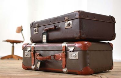 ein Paar zwei Stück Koffer Antik Alt Vintage Reisekoffer braun Shabby Kiste m. Deckel